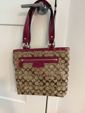 Coach Khaki Signature Canvas Tote with Berry Leather Trim